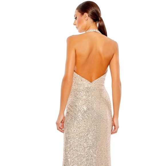 Ieena for Mac Duggal Sequined Halter Strap Plunge Neck Gown - Picture 2 of 7